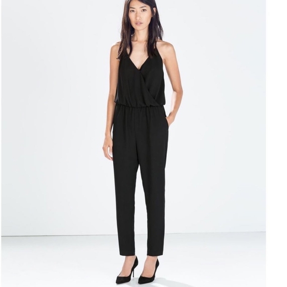 ZARA Black Tank jumpsuit Faux Wrap Pockets Lightweight M Minimalist Quiet Luxury - Picture 1 of 16